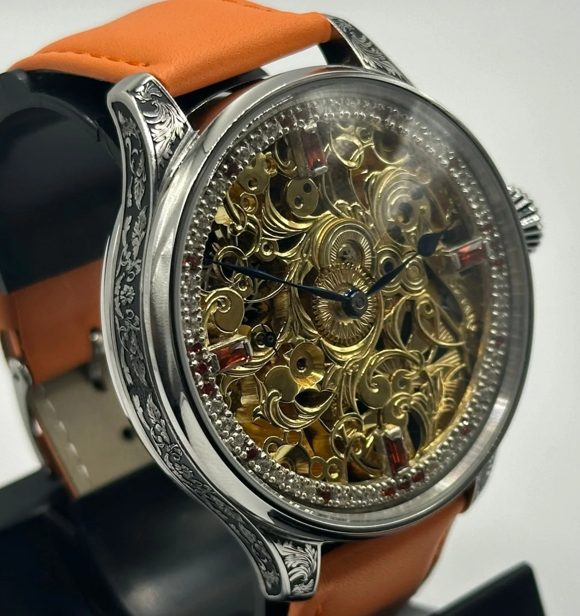 Mens 1920s Rolex Lever Wrist Watch, Skeleton Dial With Diamonds and Rubies