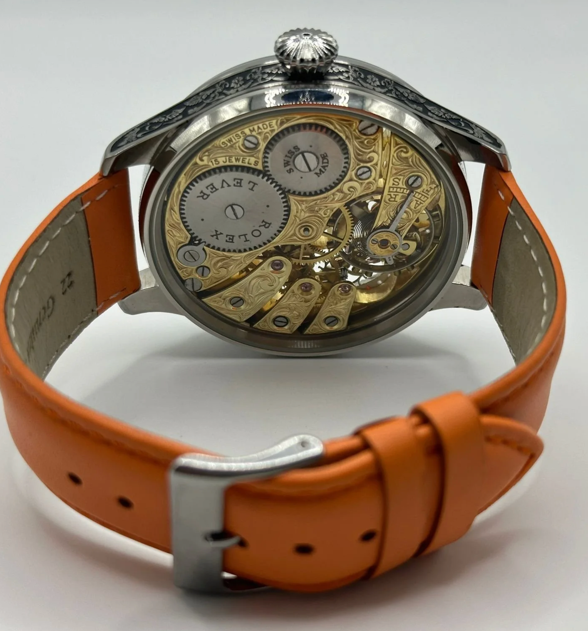 Mens 1920s Rolex Lever Wrist Watch, Skeleton Dial With Diamonds and Rubies