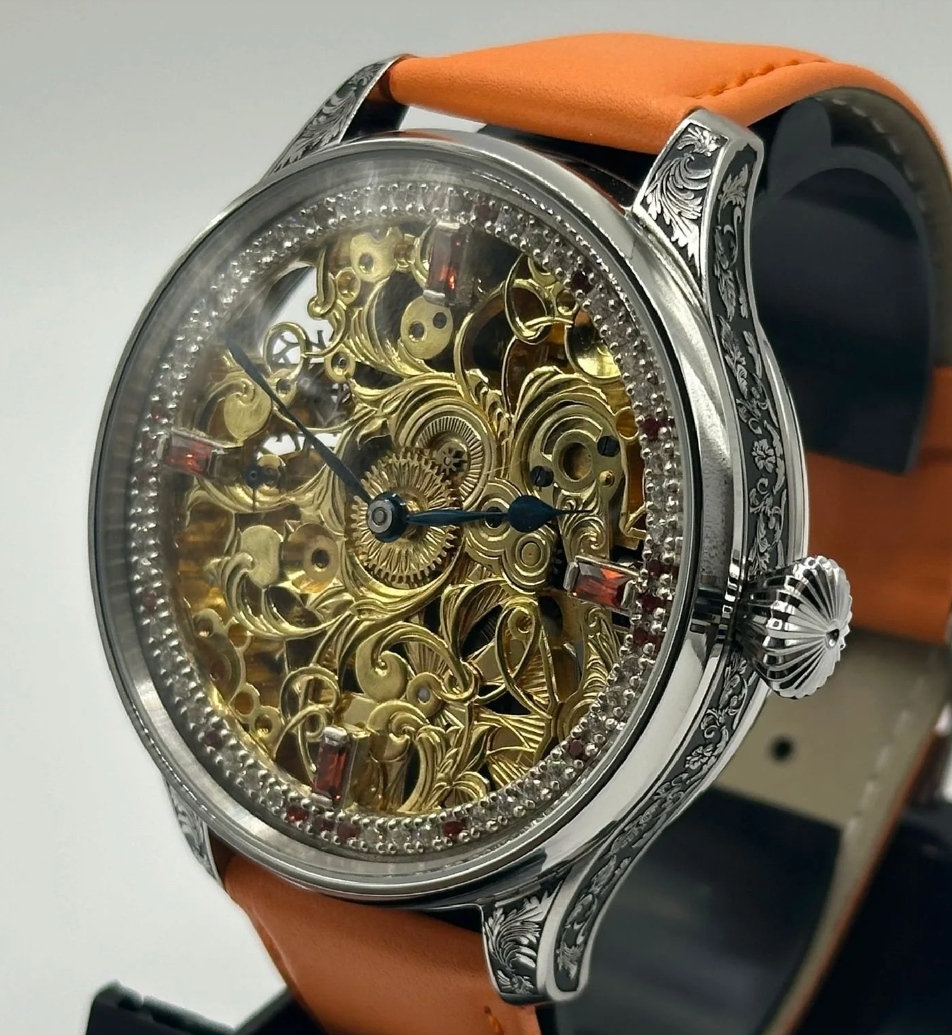Mens 1920s Rolex Lever Wrist Watch, Skeleton Dial With Diamonds and Rubies