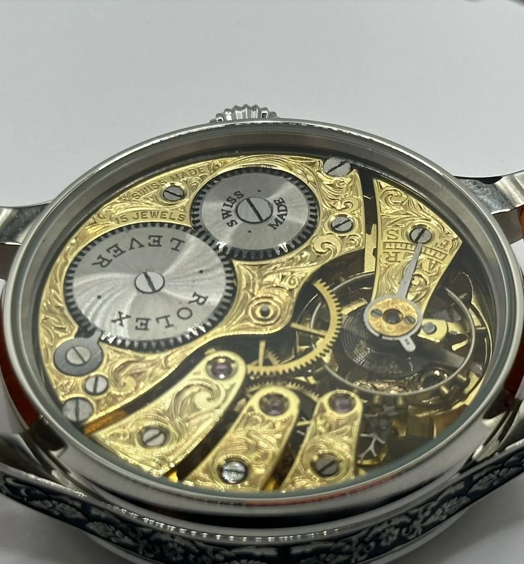 Mens 1920s Rolex Lever Wrist Watch, Skeleton Dial With Diamonds and Rubies